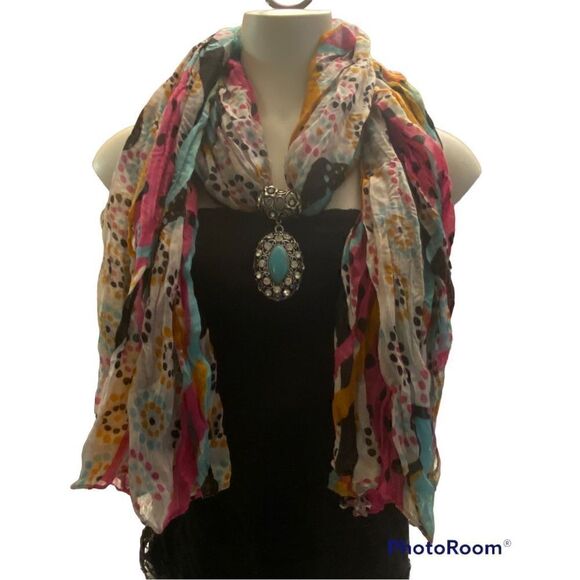 Beautiful Multicolored Scarf With Turquoise Silver Bling Embellishment - Picture 2 of 9